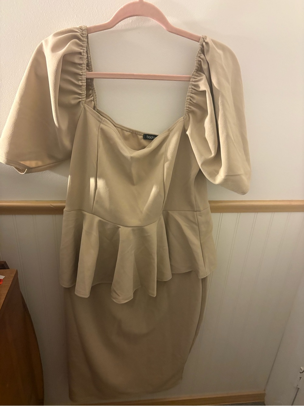 Boohoo US 12 Beige Puff Sleeve Peplum Bodycon Midi Dress Square Neck